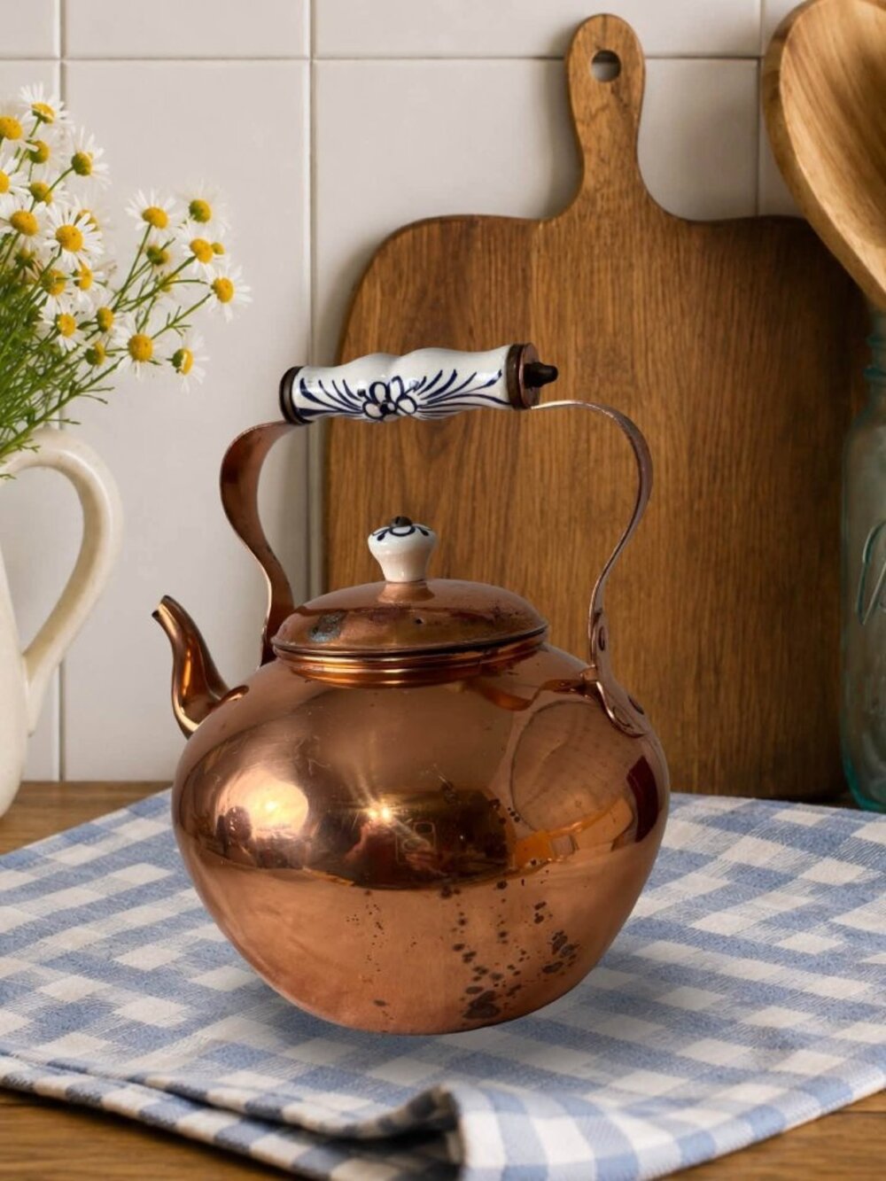 Vintage ODI Solid Copper Tea Kettle Portugal Blue White Porcelain Handle Cottage